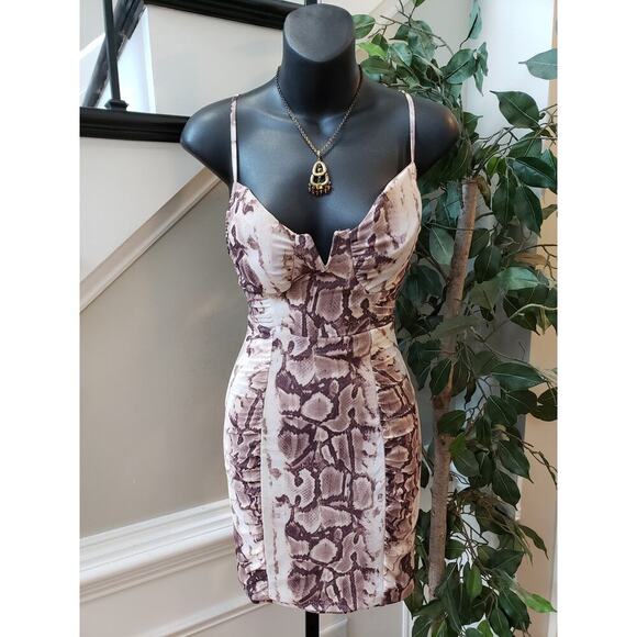 J FOR JUSTIFY Bodycon Dress Womens Small Purple Snake Skin Ruched Split V Neck - Picture 1 of 11